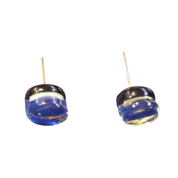 Vtg Murano Italy Round Glass Post Earrings Silver Blue Foil Artisan Jewelry - Picture 5 of 9